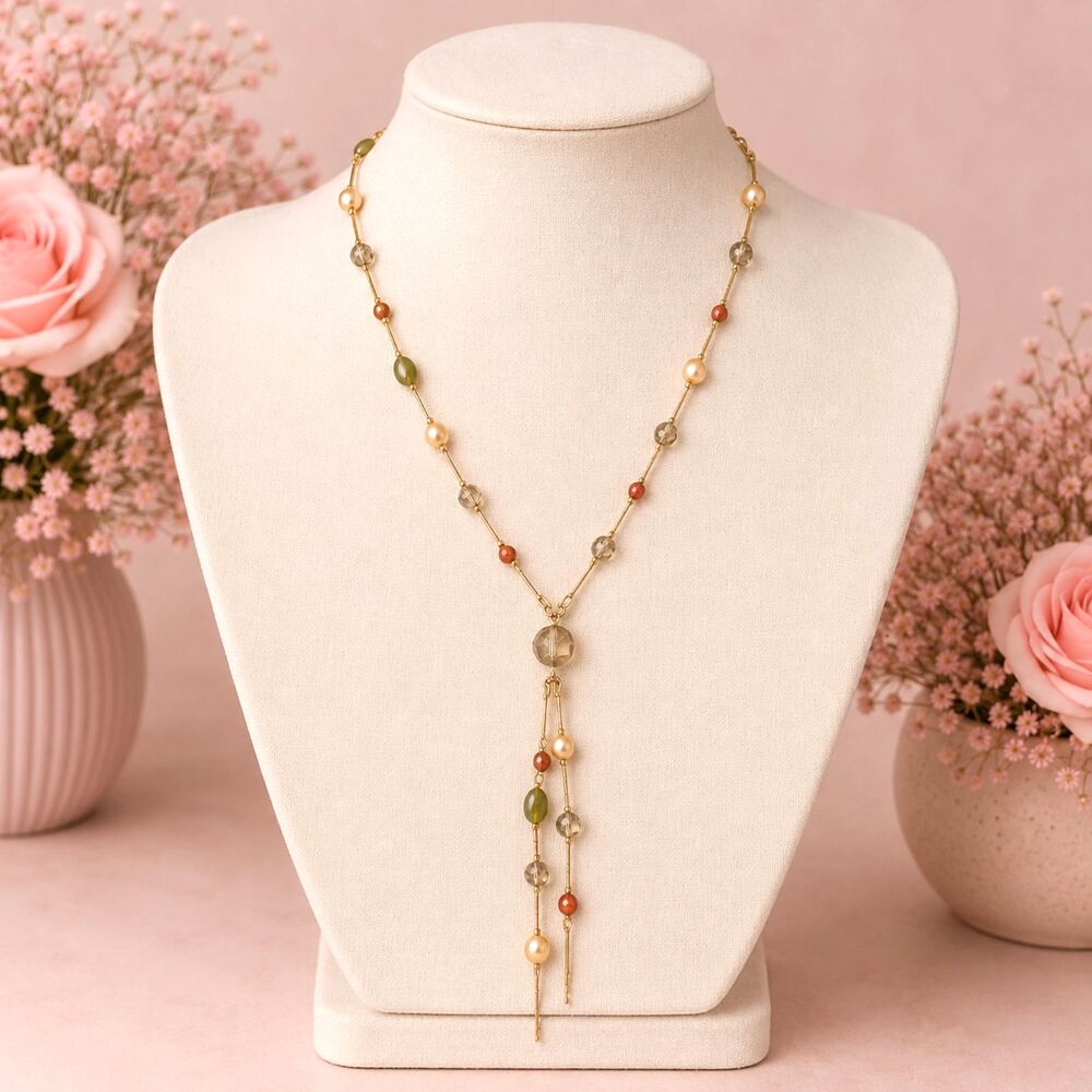 Gold Tone Earth Tone Bead Y Drop Tassel Necklace Faux Pearls